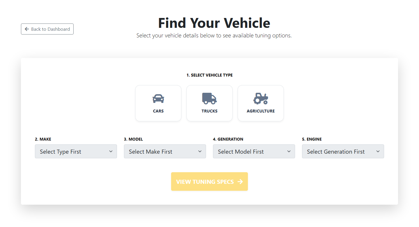 Vehicle lookup form showing vehicle type selection, make, model, generation, and engine dropdowns