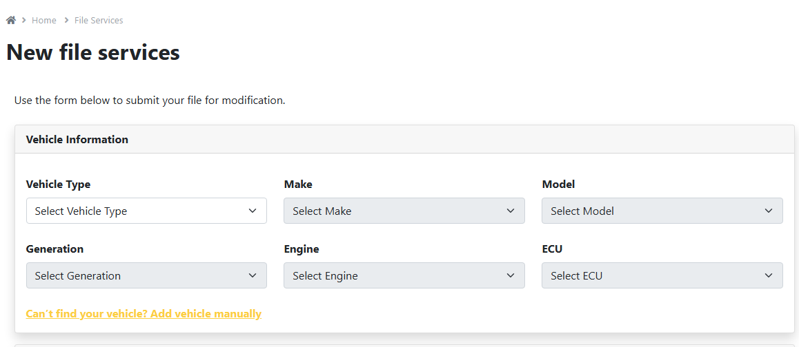 ECU file upload form showing dynamic vehicle selection with Make, Model, Generation, and Engine dropdowns